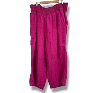 Crown & Ivy Womens Magenta Pink 100% Linen Smocked Wide Leg Pants Size 3XL